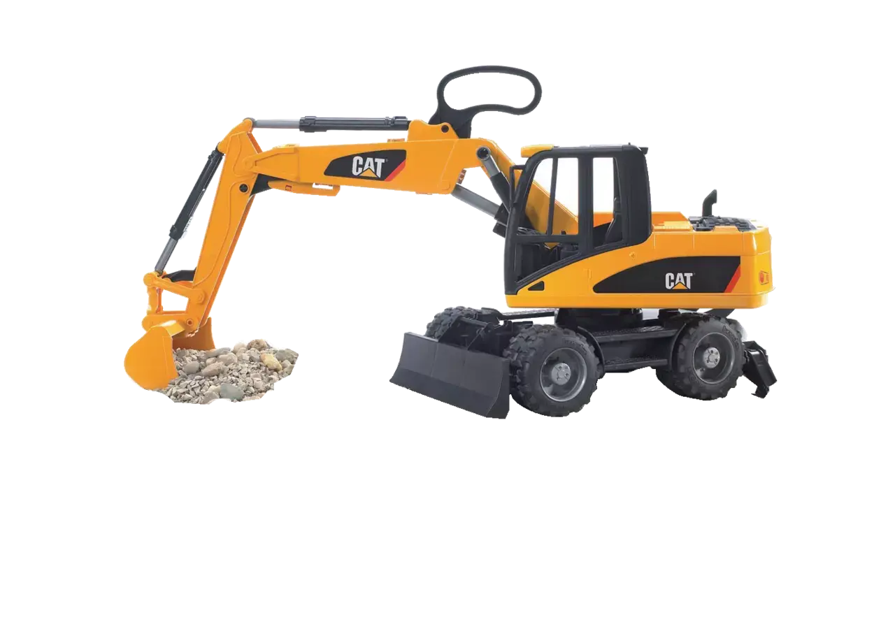 Bruder Caterpillar Schaufelbagger Räder 02445 in Caterpillar-Gelb mit beweglichem Baggerarm