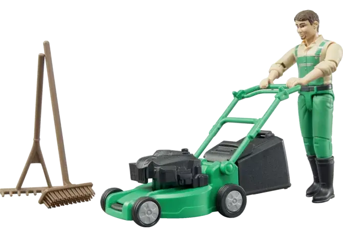 Bruder Gärtner Figuren-Set mit Rasenmäher 62103 – bewegliche Figur mit Mäher