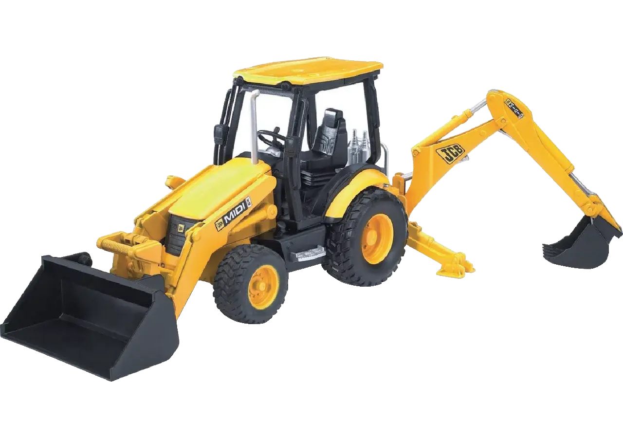 Baggerlader JCB Midi CX 02427 von Bruder im Maßstab 1:16 mit beweglicher Baggerschaufel