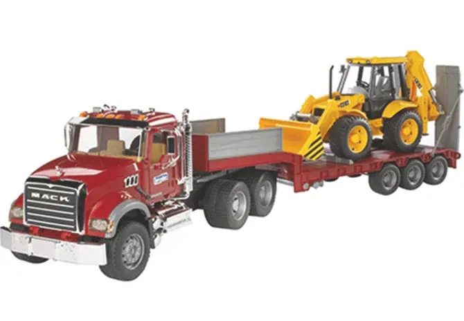 Bruder MACK Granite Tieflader JCB 4CX 02813 – Baustellenset im Maßstab 1:16