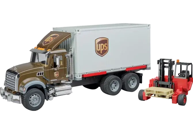 MACK Granite UPS LKW 02828 von Bruder mit Mitnahmestapler im Maßstab 1:16