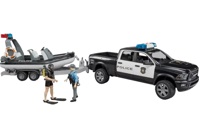 Bruder RAM 2500 Polizei Pickup 02507 mit Bootanhänger und Polizistenfigur im Maßstab 1:16