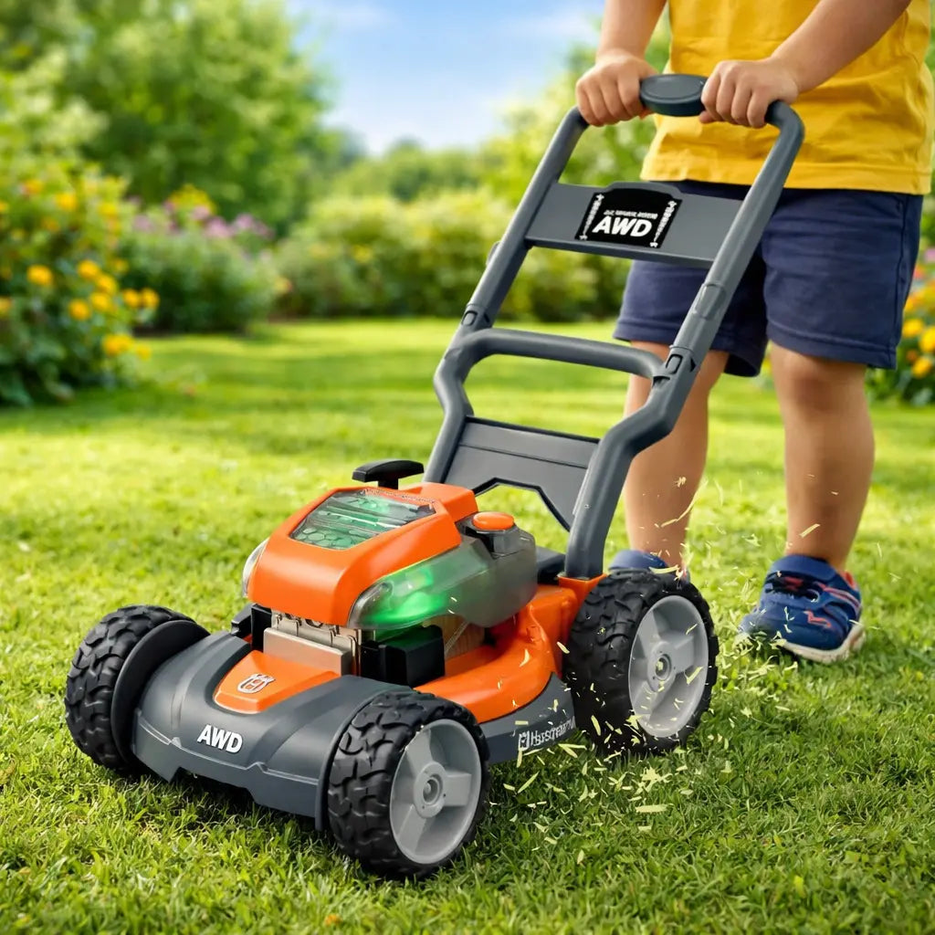 Kind spielt mit dem Husqvarna AWD Spielzeug-Rasenmäher im Garten