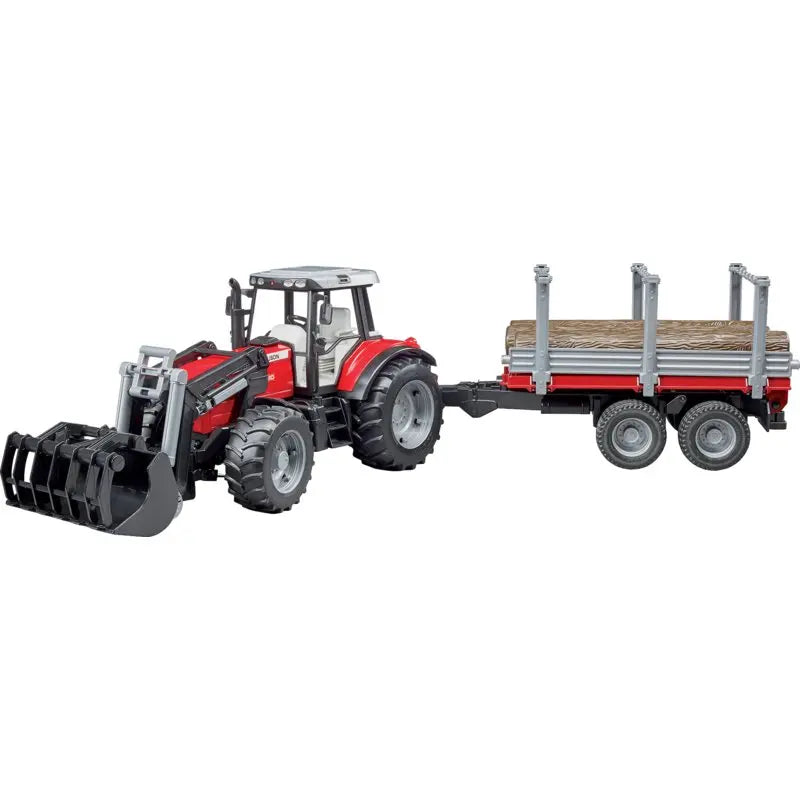 Bruder Massey Ferguson 7480 Traktor mit Frontlader und Holztransportanhänger im Maßstab 1:32