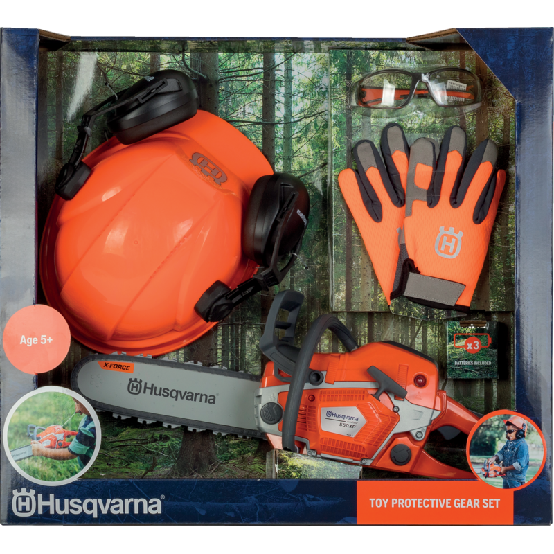 Motorsäge Husqvarna 550XP Spielzeug mit Schutzausrüstung – Für kleine Holzfäller
