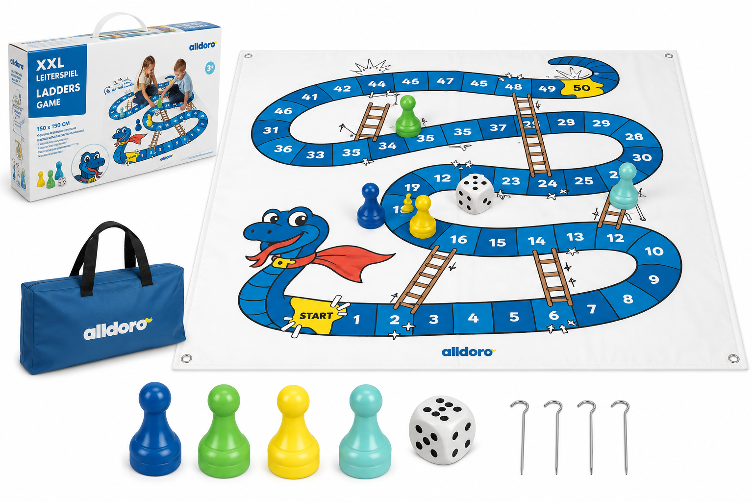 alldoro XXL Leiterspiel 150 x 150 cm mit Spielmatte, Spielfiguren und Würfel