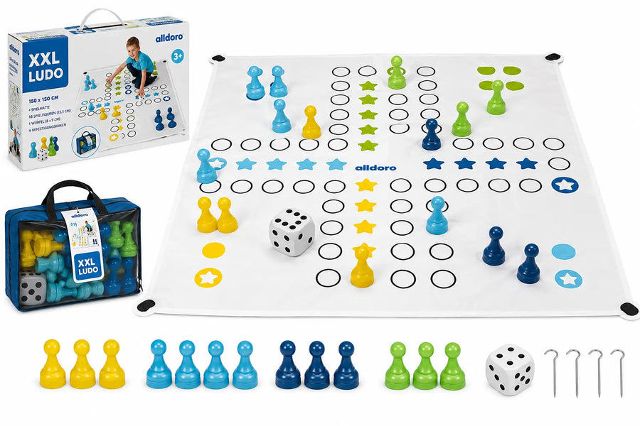 XXL Ludo alldoro 60060 – Riesige Spielmatte 150x150 cm mit Figuren und Würfel