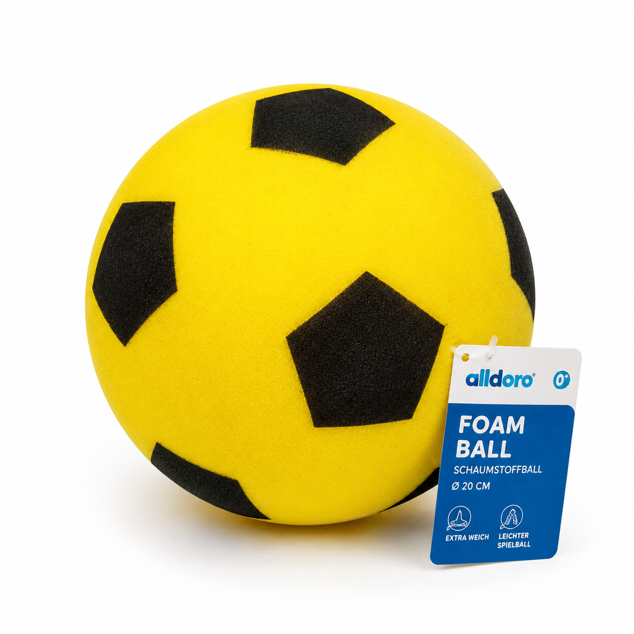 Schaumstoffball alldoro gelb 63103 – weicher Spielball mit Fußball-Design, Ø 20 cm