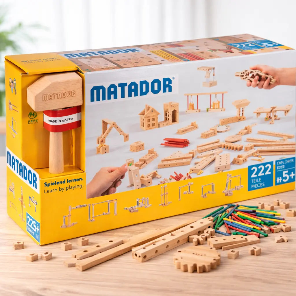 Matador Baukasten E222 Holzbausteine – Set mit nachhaltigen Holzteilen für Kinder ab 5