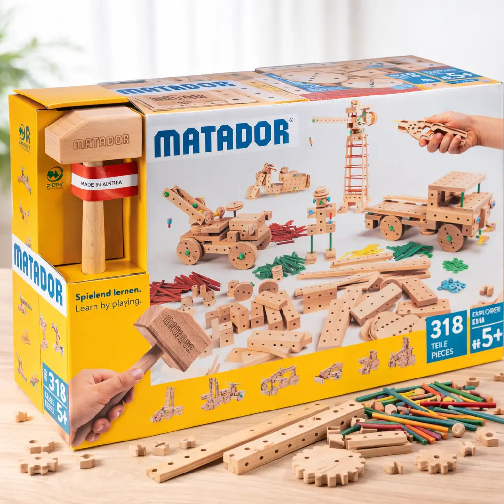 Matador E318 Holzbaukasten 71 Modelle – Konstruktionsspielzeug aus Holz für Kinder ab 5