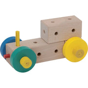Matador Holzbaukasten M034 12 Modelle – Detailansicht Stecksystem und Holzteile