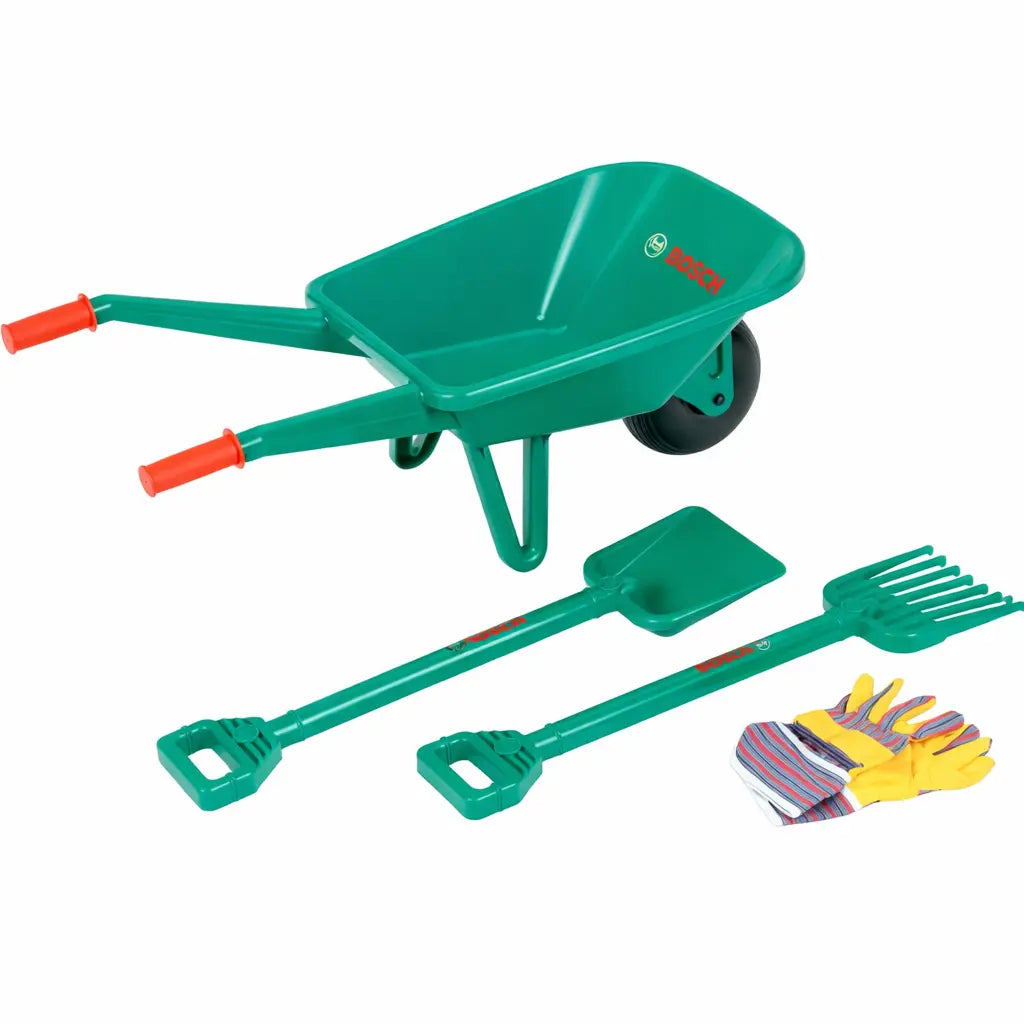 BOSCH Gartenset mit Schubkarre für Kinder mit Schaufel, Rechen und Handschuhen ab 3 Jahren