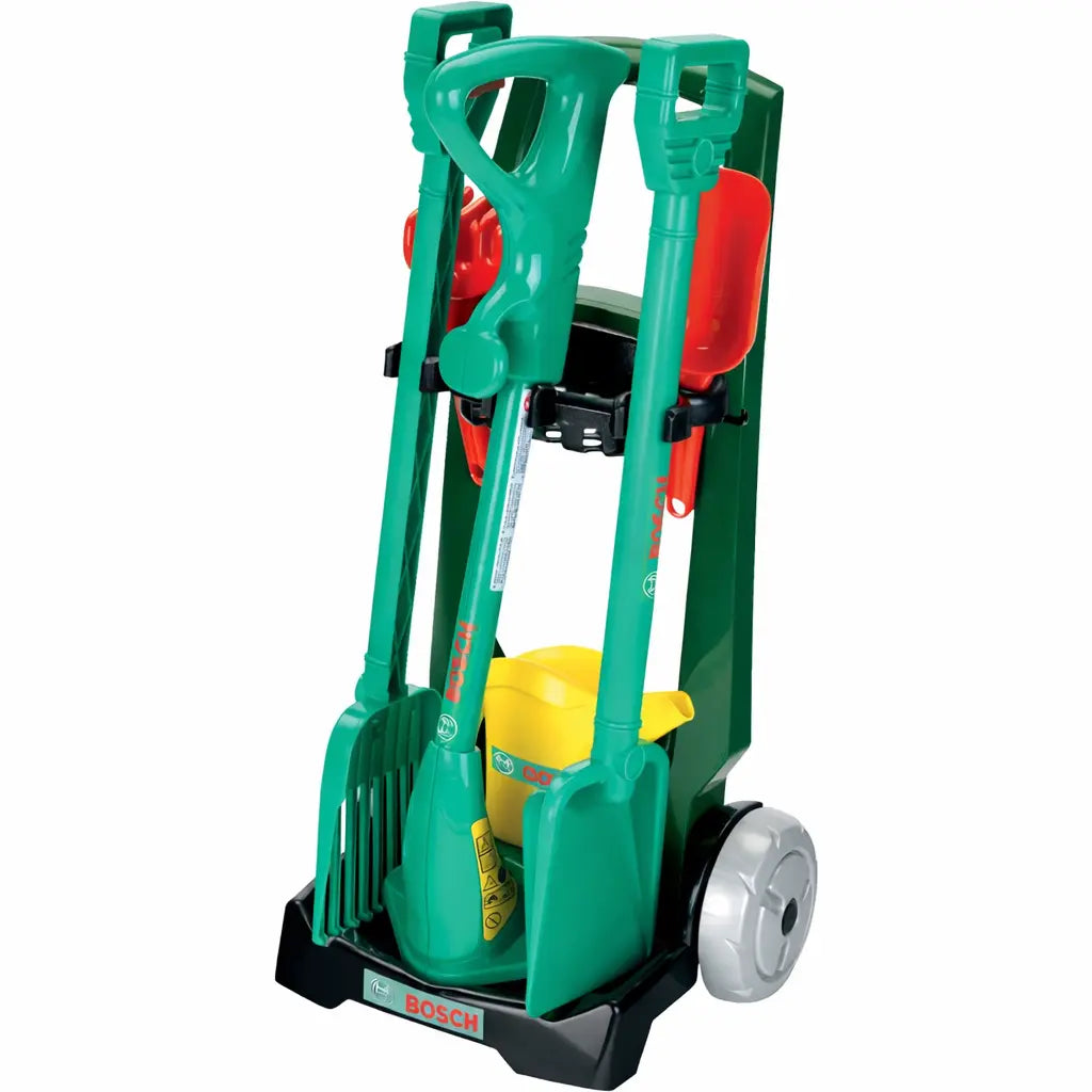 BOSCH Gartenwagen Spielzeug 7-teiliges Set mit Rasentrimmer und Gießkanne für Kinder