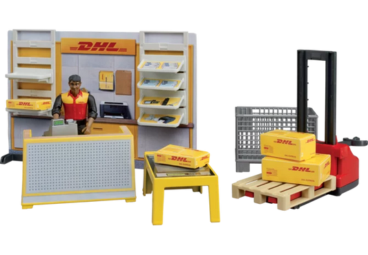BRUDER DHL Shop mit Hubwagen Spielset für Kinder

