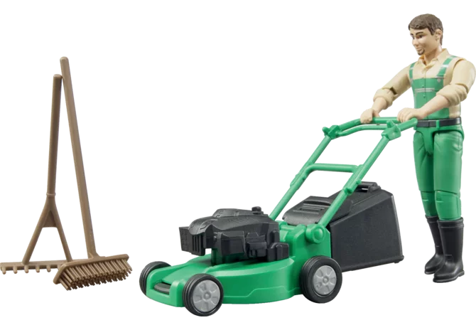 Bruder Gärtner Figuren-Set mit Rasenmäher für Rollenspiele
