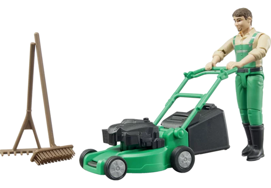 Bruder Gärtner Figuren-Set mit Rasenmäher für Rollenspiele
