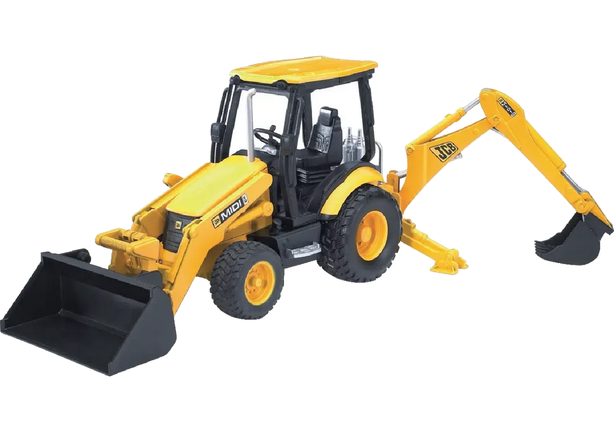 Baggerlader JCB Midi CX 02427 von Bruder im Maßstab 1:16 mit Baggerschaufel und Frontlader