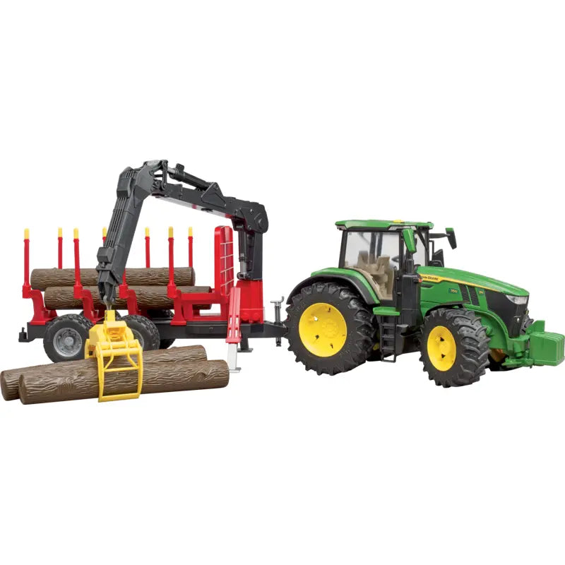 Bruder John Deere 7R 350 Traktor mit Rückeanhänger und Ladekran, Maßstab 1:16