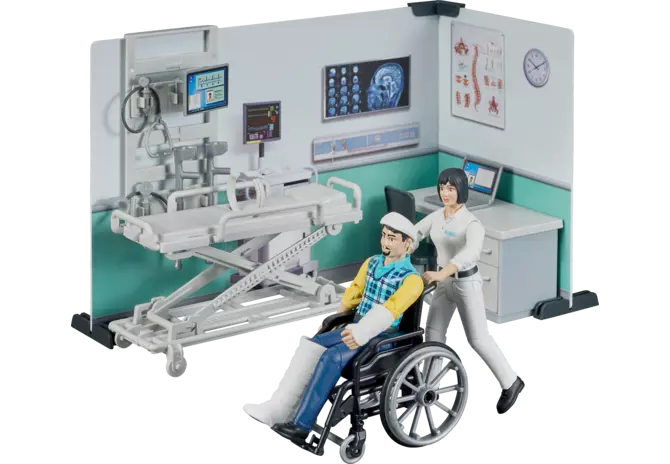 Bruder Krankenstation Spielset mit Ärztin, Patient, Krankenbett, Rollstuhl und medizinischem Zubehör
