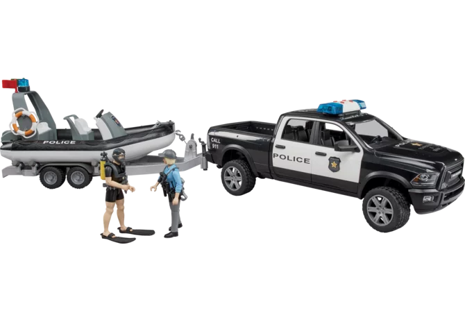 BRUDER RAM 2500 Polizei Pickup mit Bootanhänger und Polizist im Maßstab 1:16
