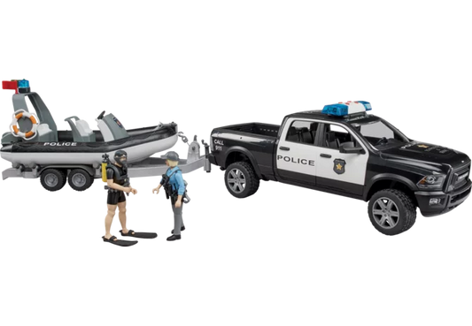 BRUDER RAM 2500 Polizei Pickup mit Bootanhänger und Polizist im Maßstab 1:16
