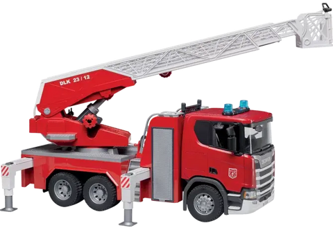 Bruder Scania Feuerwehr Drehleiter 03591 mit ausgefahrener Leiter und Rettungskorb im Maßstab 1:16