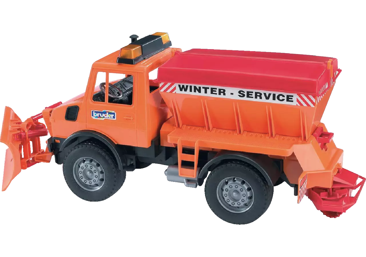 Bruder Unimog Winterdienst mit Schneepflug Spielzeug im Maßstab 1:16
