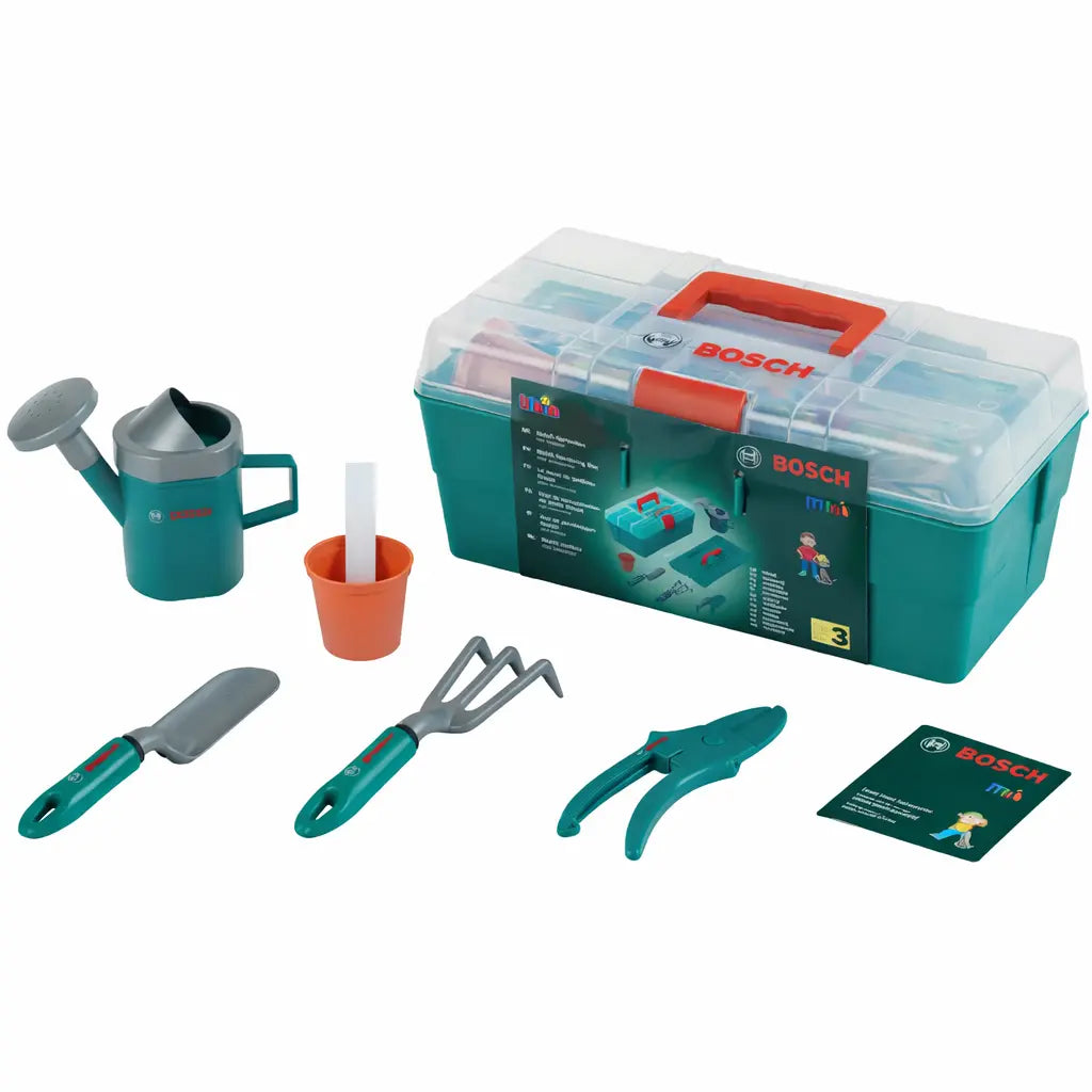 BOSCH Gartenprofibox Spielzeug Gartenset mit Schaufel, Harke und Gießkanne für Kinder