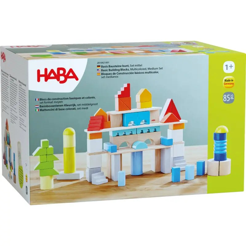 HABA Bausteine Basis Bunt Set Mittel mit 85 bunten Holzbausteinen in Baumwolltasche