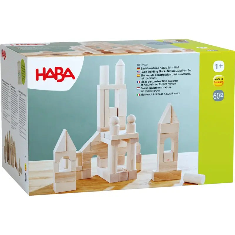 Detailansicht der 6 verschiedenen Formen des HABA Baumeister-Sets für Kleinkinder