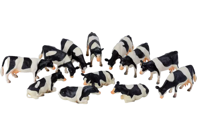 Figurenset mit 12 schwarz-weißen Kühen im Maßstab 1:32

