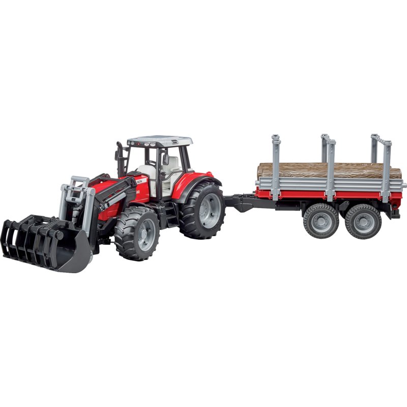 Bruder Massey Ferguson 7480 Traktor mit Frontlader und Holztransportanhänger