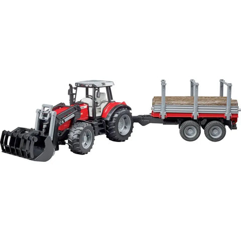 Bruder Massey Ferguson 7480 Traktor mit Frontlader und Holztransportanhänger, Maßstab 1:32