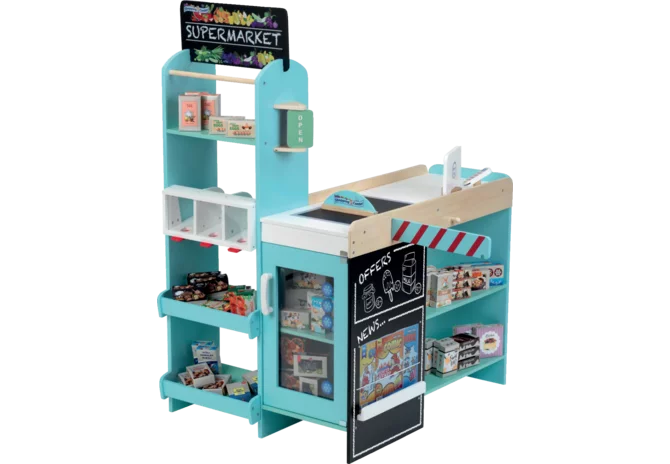 Großer Supermarkt Spielzeug-Kaufladen von klein mit Regalen für Rollenspiele
