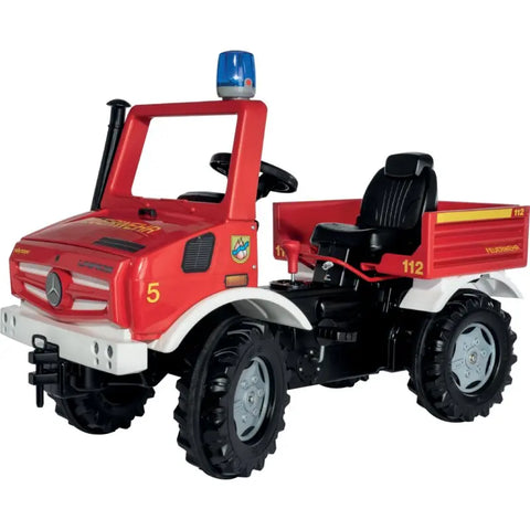 rollyToys Unimog Feuerwehr 038220 – Kinderfahrzeug mit Schaltung und Bremse in Feuerwehr-Optik